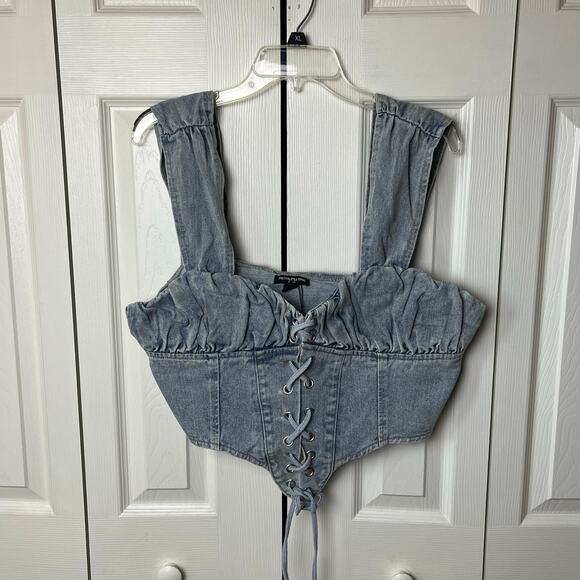 Pretty Little Thing Vintage Bleach Wash Ruched Bust Detail Lace Up Corset 14 - Picture 2 of 13